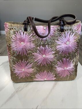 kate spade Straw Tote with Pink Floral Embroidery and Brown Handles